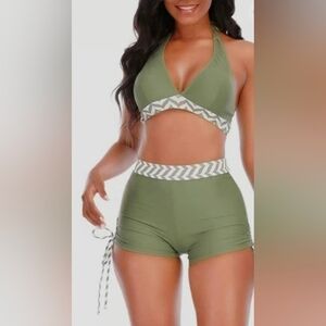 Adisputent Sage Green Halter Bikini Set with Chevron Trim Size 2X New